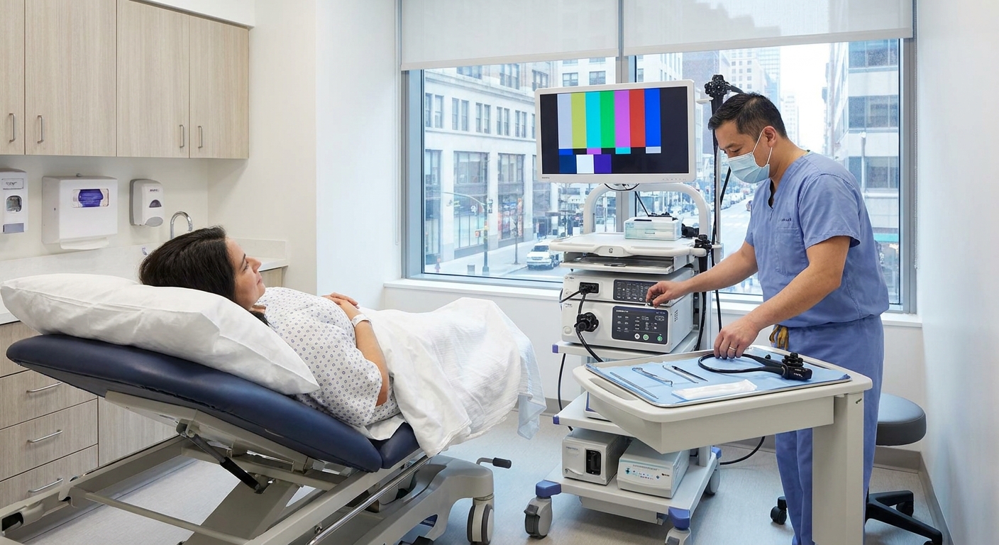 A patient lying on a medical procedure bed while a clinician prepares endoscopy equipment in a clean outpatient clinic room