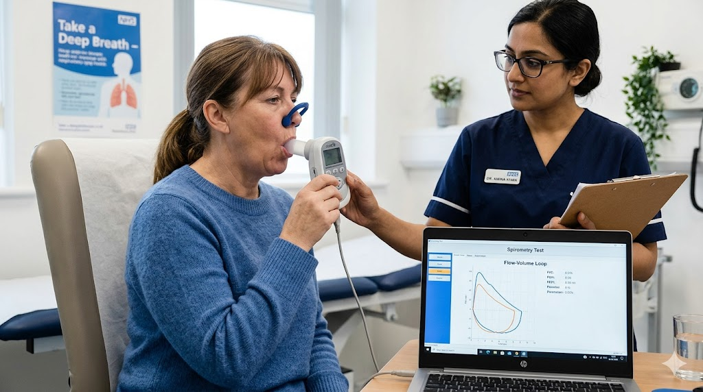 A patient seated in a medical clinic blowing into a spirometry device while a healthcare professional observes