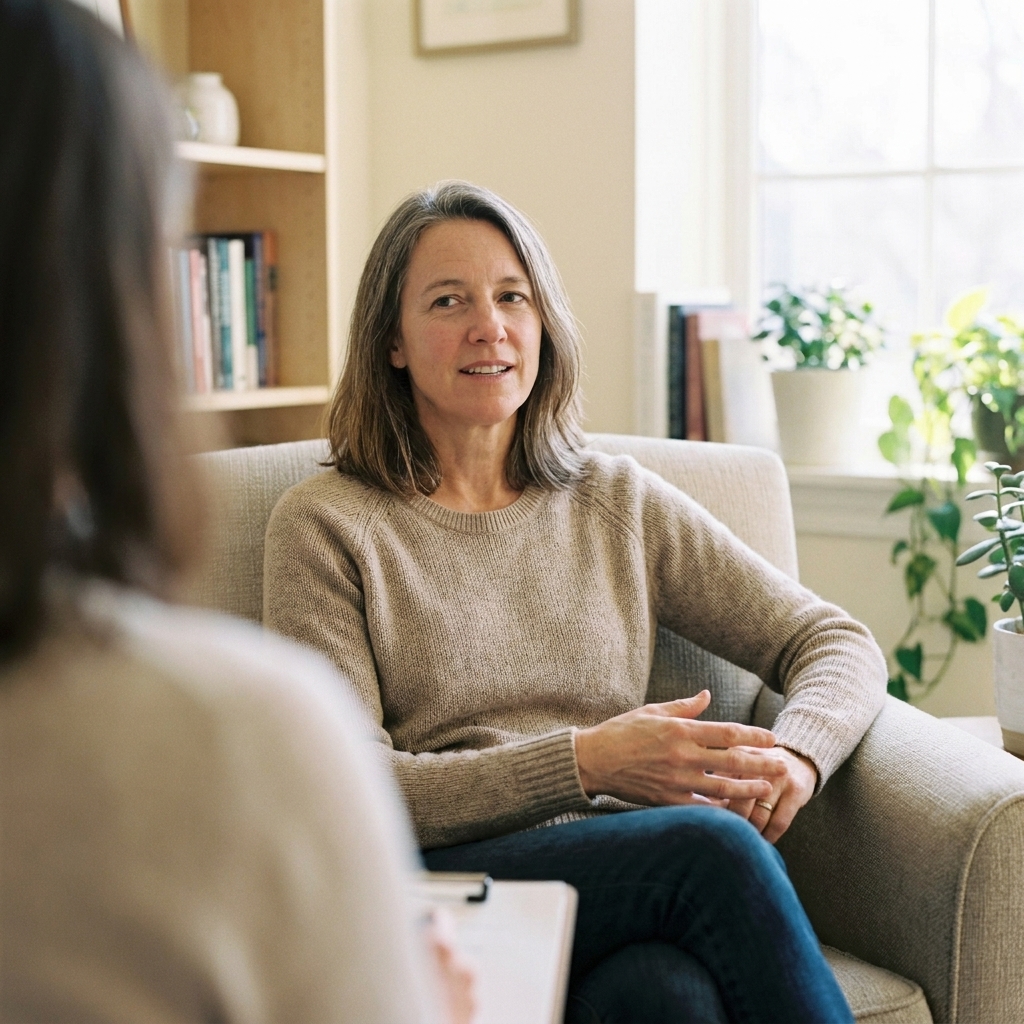 A patient sitting across from a counselor in a quiet office, hands relaxed in their lap as they talk