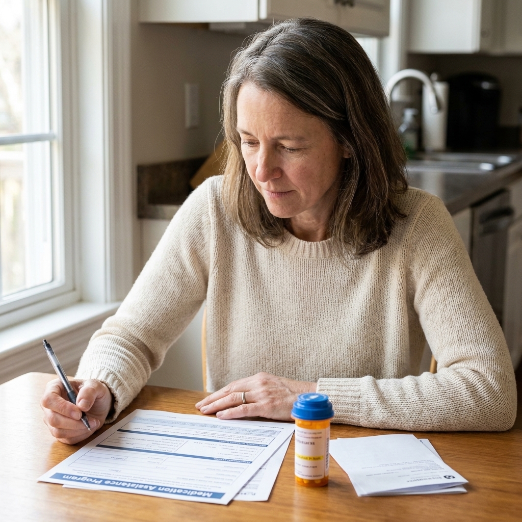A patient sitting at a kitchen table reviewing a medication assistance program application with a pen and a prescription bottle nearby