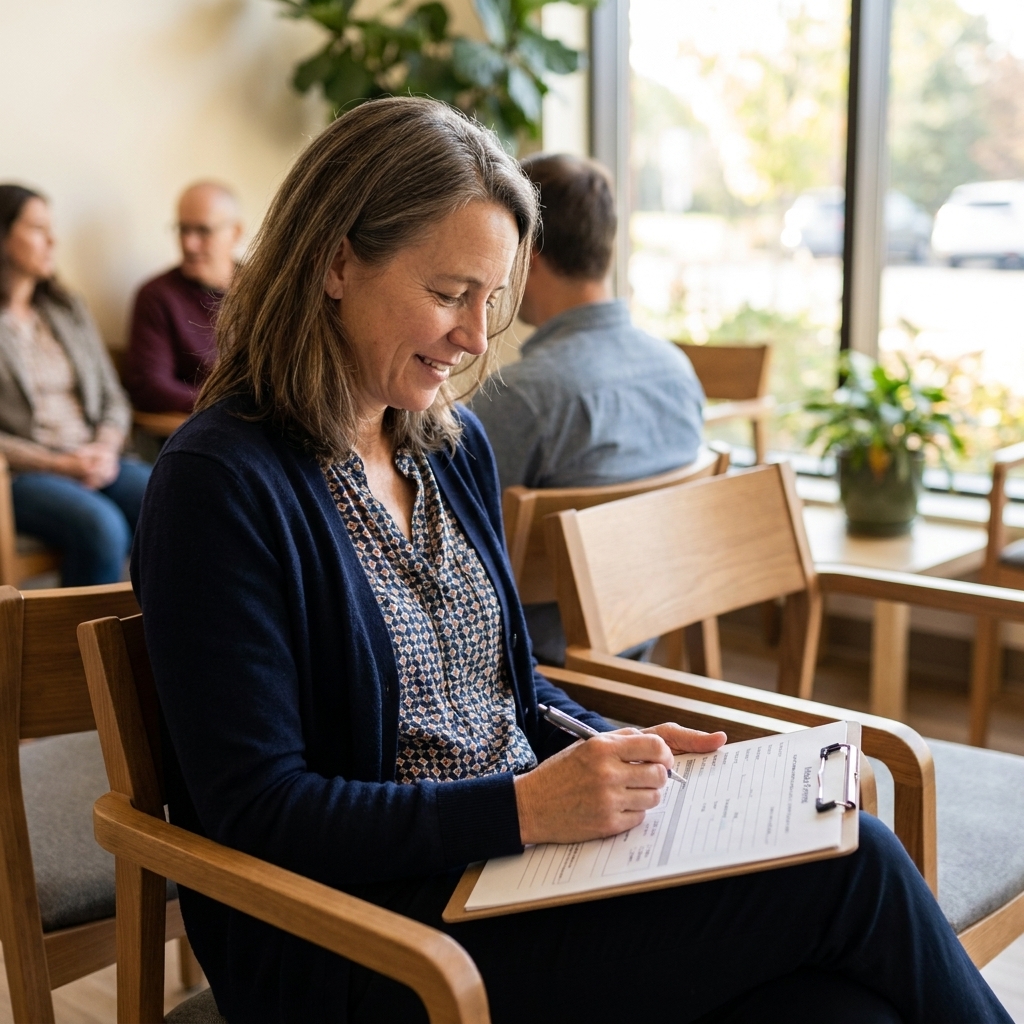 A patient sitting in a specialist clinic waiting room holding a clipboard with intake forms