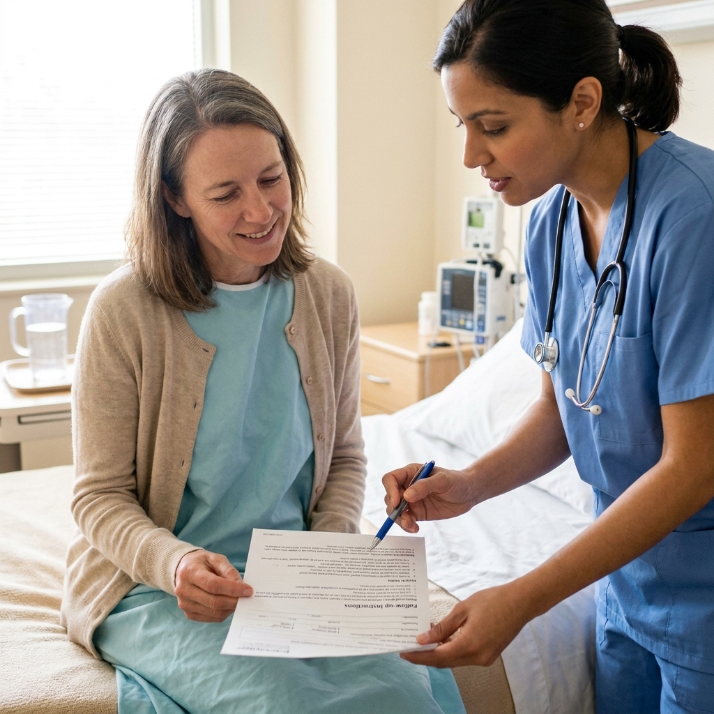 A patient sitting on the edge of a hospital bed reviewing discharge paperwork with a nurse who is pointing to follow-up instructions