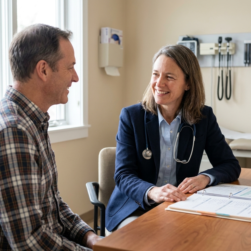 A patient speaking with a clinician across a desk in a calm exam room, both making eye contact during a supportive conversation