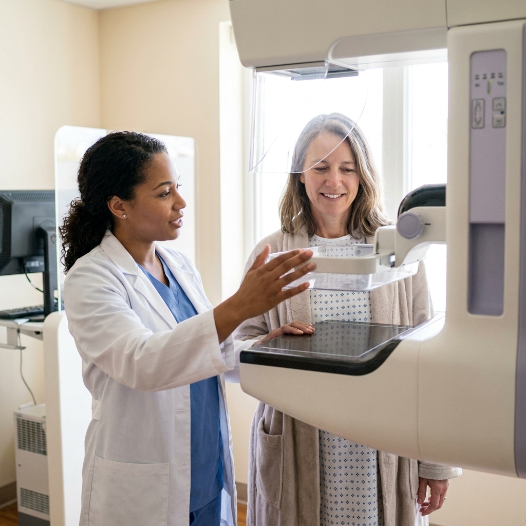 A patient standing beside a mammography machine while a radiology technologist positions the equipment for a screening mammogram