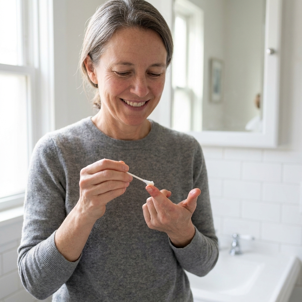 A person applying a small amount of petroleum jelly to a lightly reddened fingertip using a clean cotton swab in a bathroom