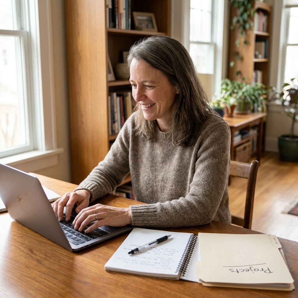 A person at home using a laptop with a notebook beside them and a file folder on the desk.