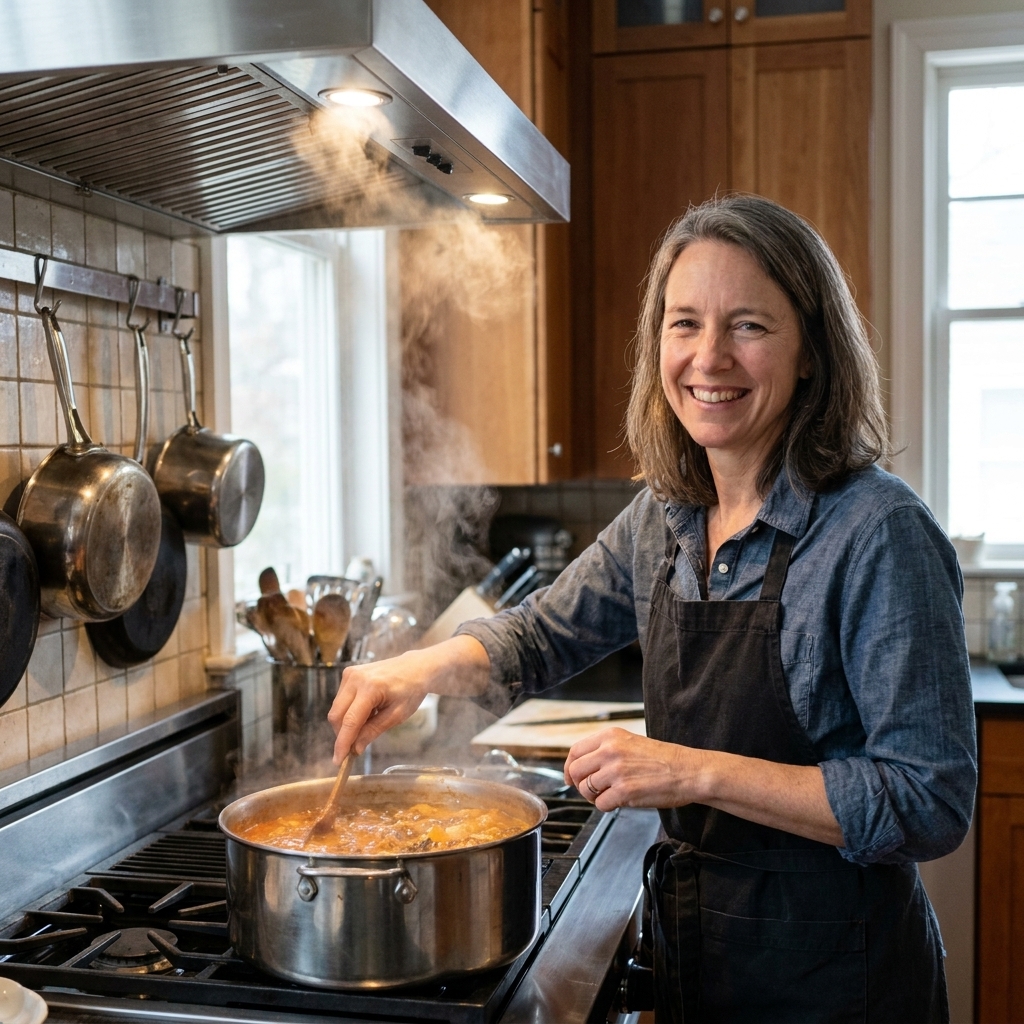 A person cooks on a stovetop with a stainless kitchen vent hood running above, pulling steam upward