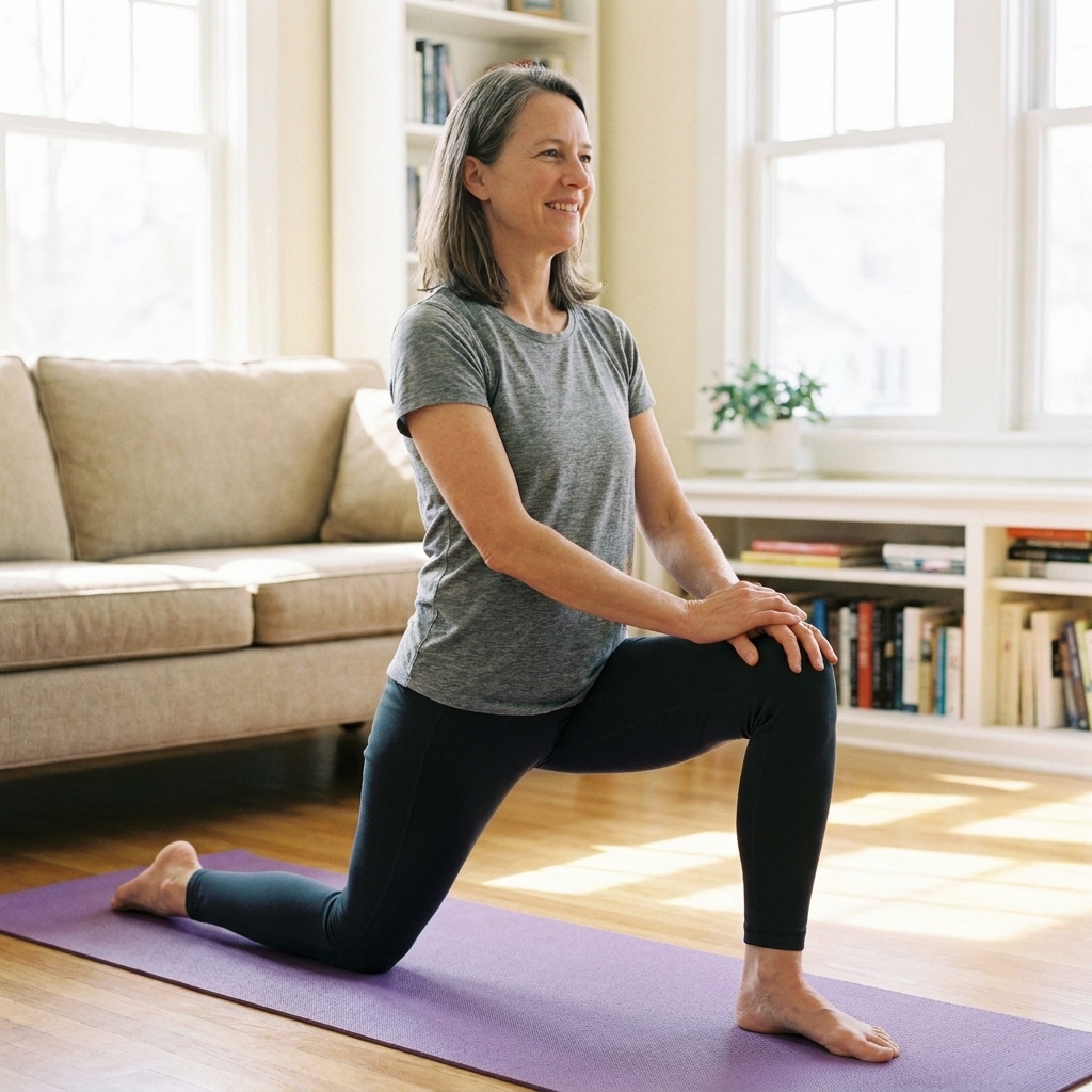 A person doing a kneeling hip flexor stretch in a living room, with an upright torso and one knee on a yoga mat