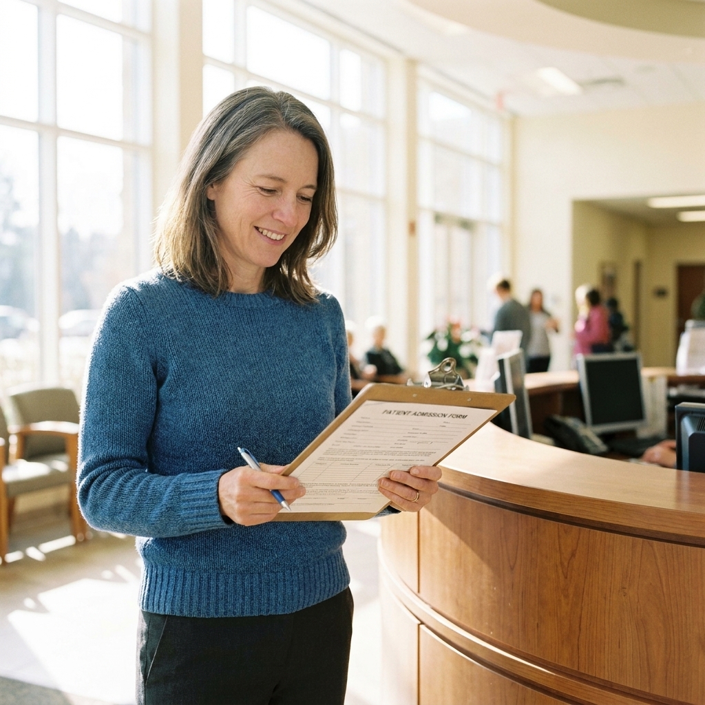 A person holding a clipboard with hospital admission paperwork while standing near a reception desk in a bright hospital lobby