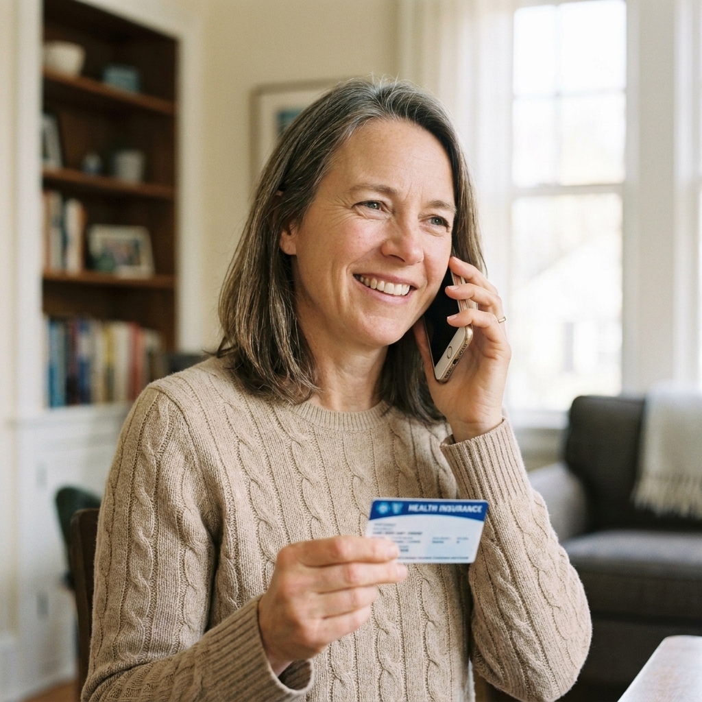 A person holding a health insurance card while speaking on a smartphone at home