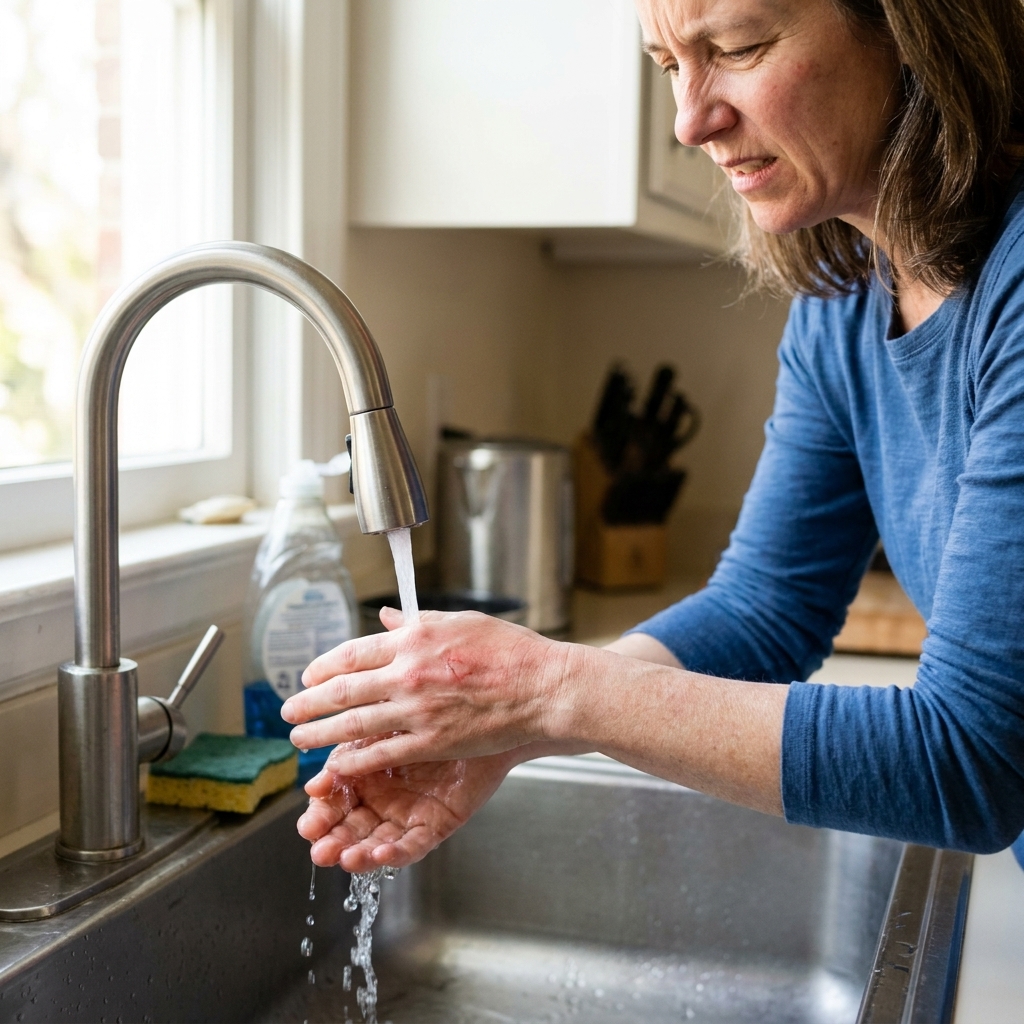 A person holding a mildly reddened hand under cool running tap water at a kitchen sink, showing a small first-degree burn area on the skin