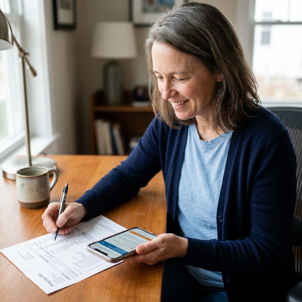 A person holding a phone while looking at a printed itemized hospital bill on a desk, with a pen ready to take notes