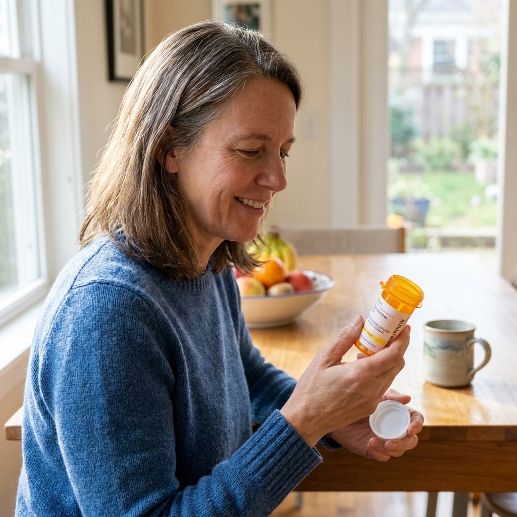 A person holding a prescription pill bottle in their hand at home near a kitchen table, natural daylight, realistic everyday scene