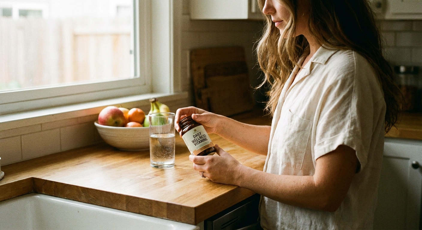 A person holding a small bottle of vitamin supplements near a kitchen counter in soft daylight