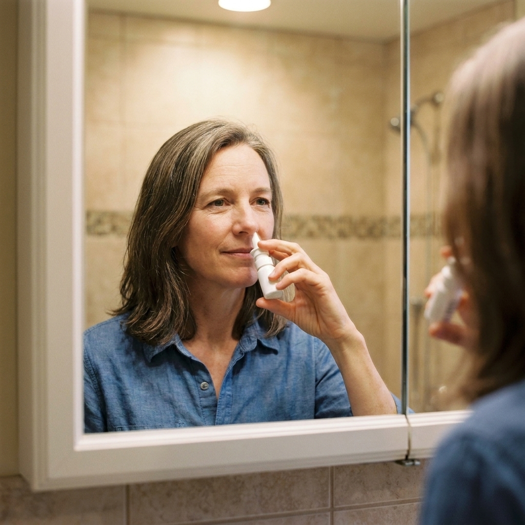 A person holding a small nasal spray bottle near their nose in a bathroom mirror, preparing to use a decongestant spray