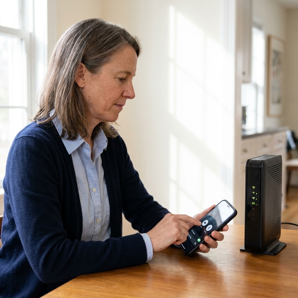 A person holding a smartphone while checking camera and microphone settings before a video visit, sitting near a home router