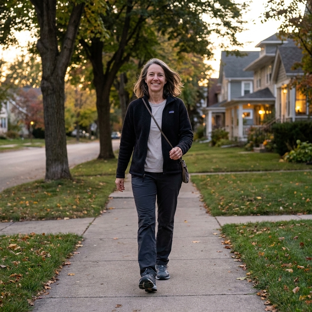 A person in comfortable walking shoes briskly walking on a quiet neighborhood sidewalk in the early evening