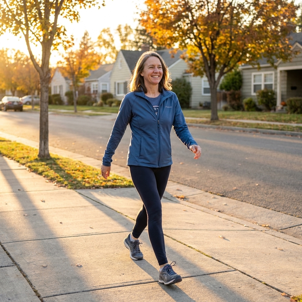 A person in walking shoes taking a brisk evening walk on a quiet neighborhood sidewalk near sunset