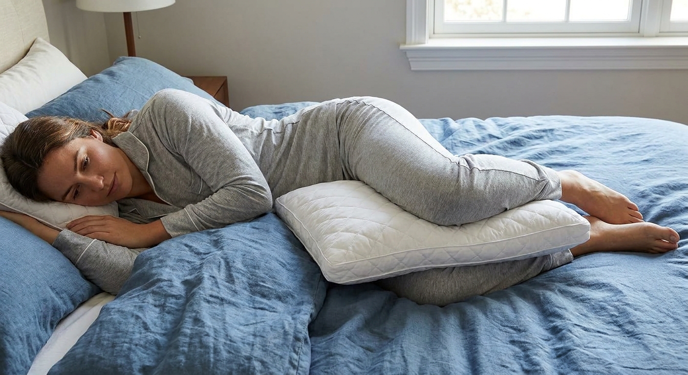 A person lying on their side in bed with a supportive pillow placed between their knees to keep hips aligned