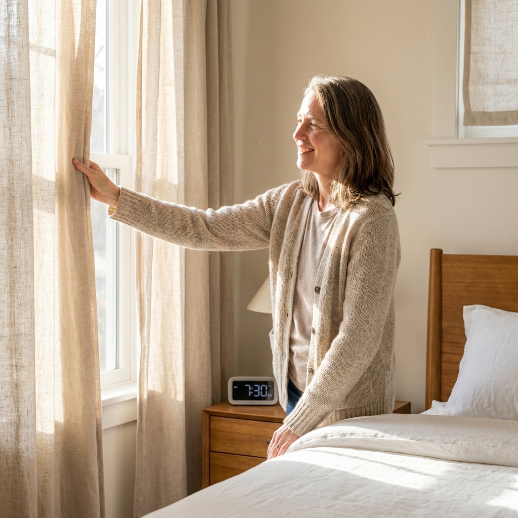 A person opening curtains in a tidy bedroom in the morning with a bedside alarm clock visible, natural light filling the room