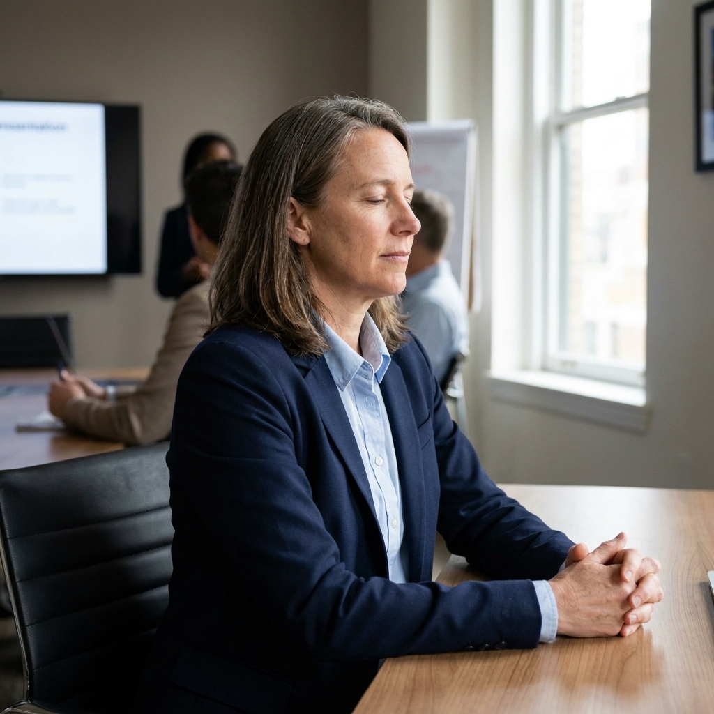 A person seated at a conference table in an office, eyes lowered briefly as they take a slow calming breath before speaking