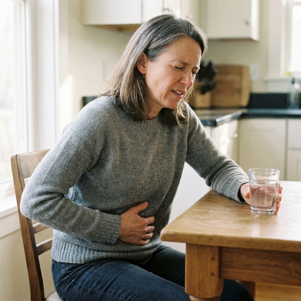 A person seated at a kitchen table holding their abdomen with a pained expression, a glass of water nearby