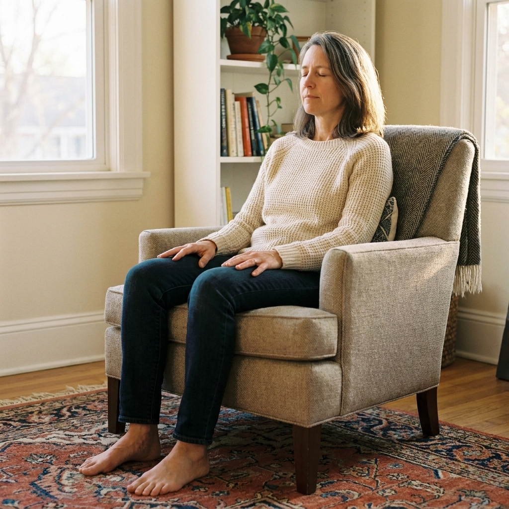 A person seated in a chair with both feet firmly on the floor, hands resting on thighs, focusing on steady breathing in a calm living room
