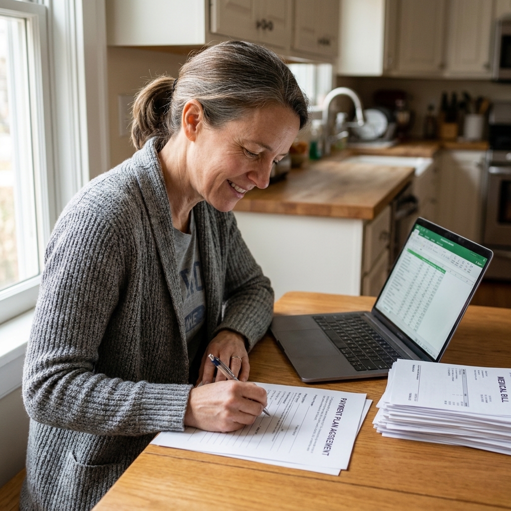 A person signing a payment plan form at home with a laptop open and medical bills stacked neatly nearby