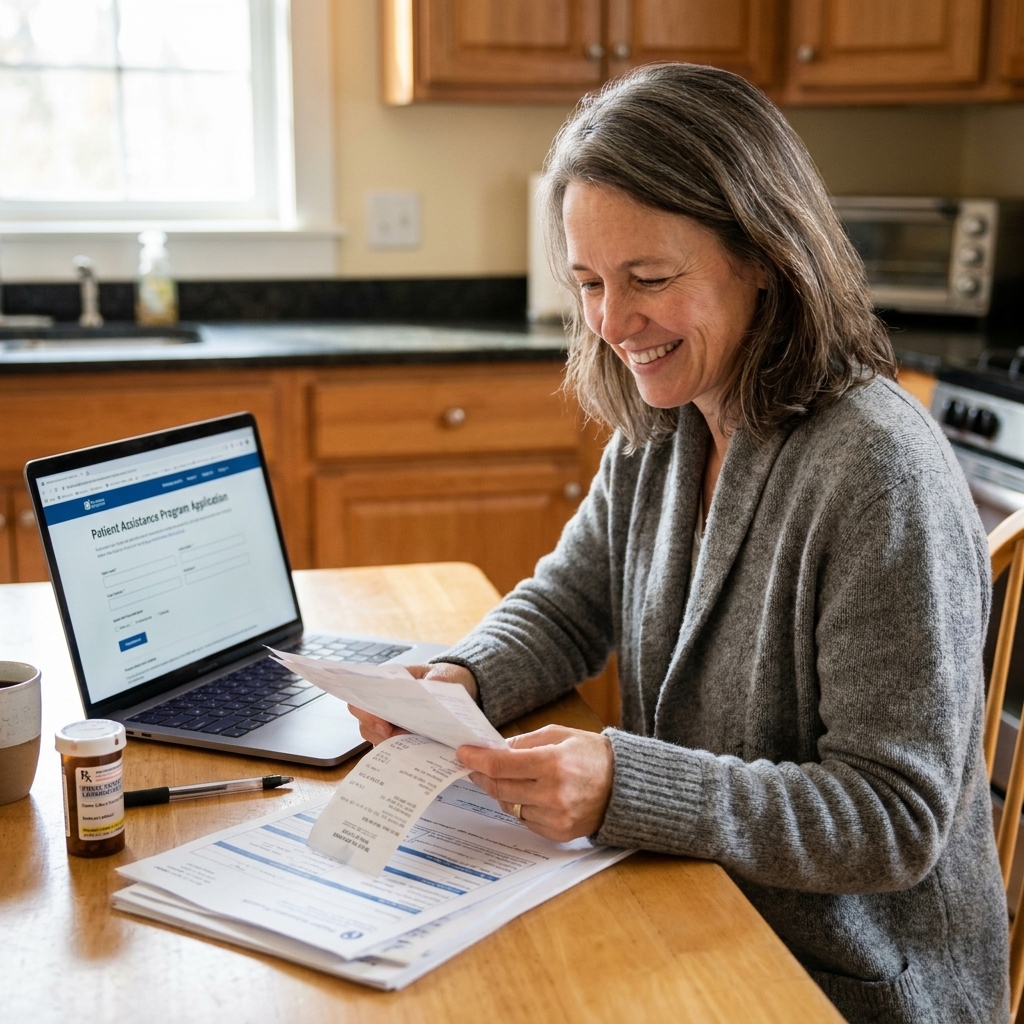 A person sitting at a kitchen table reviewing medical paperwork next to a laptop and a prescription bottle, preparing to apply for medication assistance