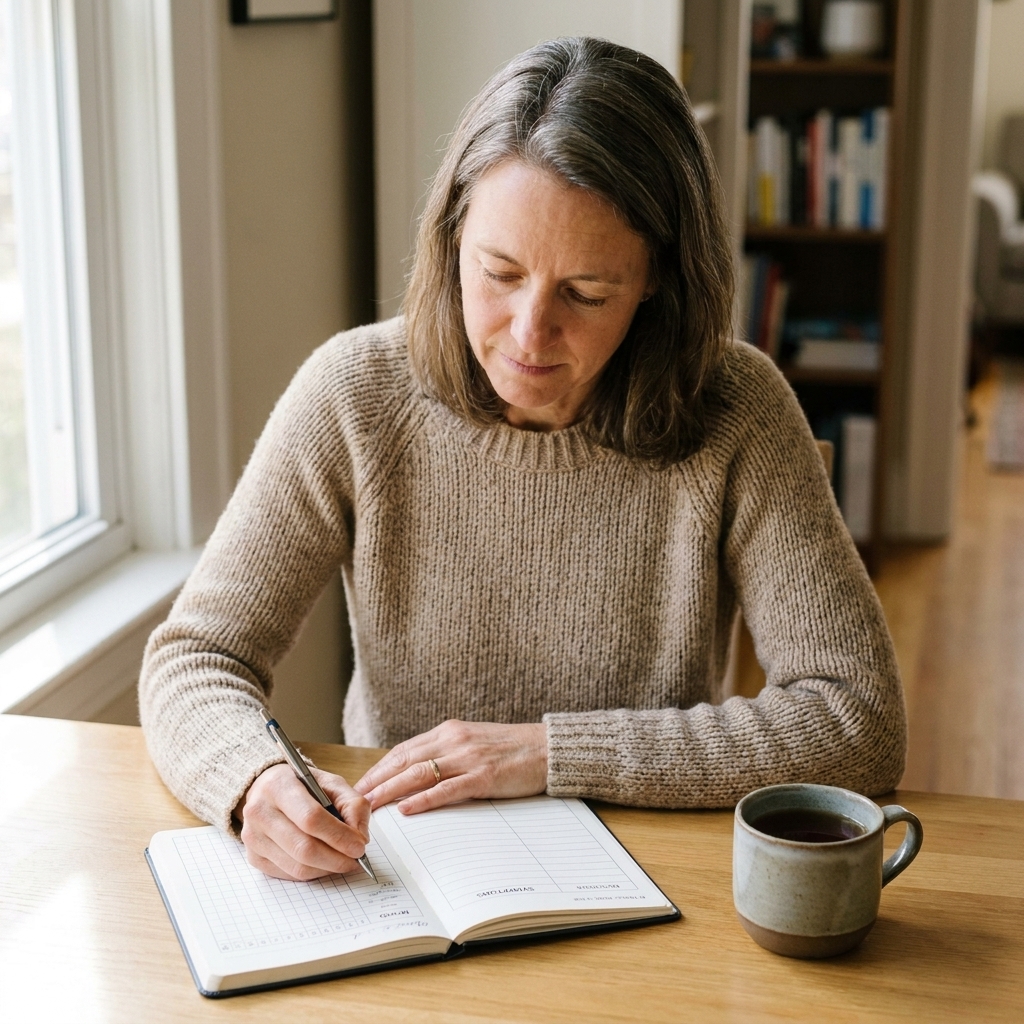 A person sitting at a table writing in a notebook with a cup of tea nearby, suggesting mood and symptom tracking at home