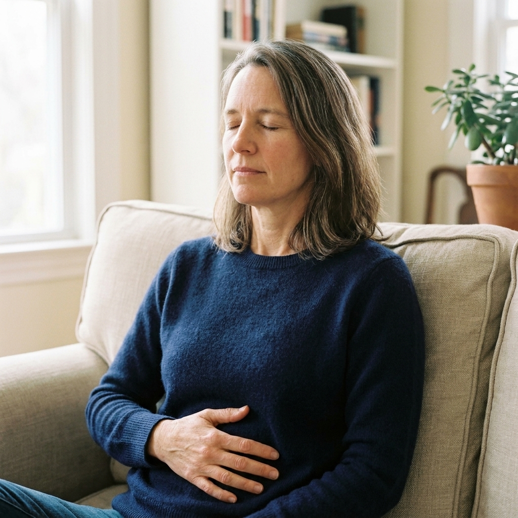 A person sitting comfortably on a couch in a quiet living room with eyes closed, one hand on their abdomen, practicing slow breathing