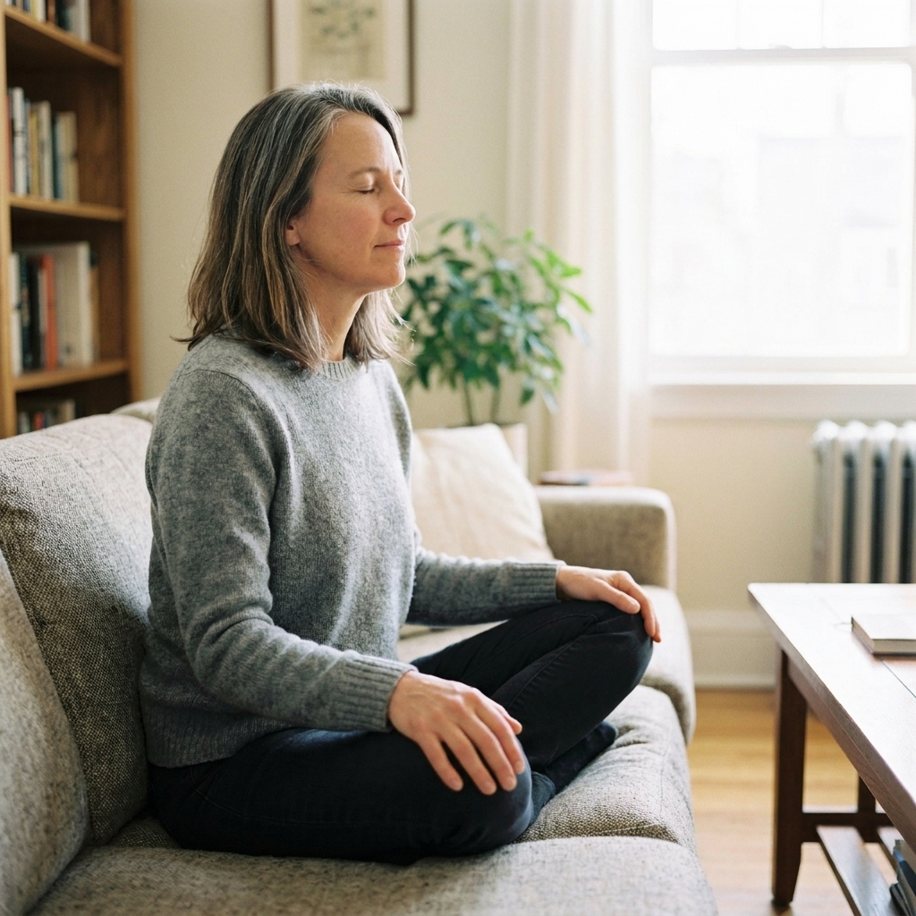 A person sitting comfortably on a couch with eyes closed, practicing slow breathing in a quiet living room with natural light