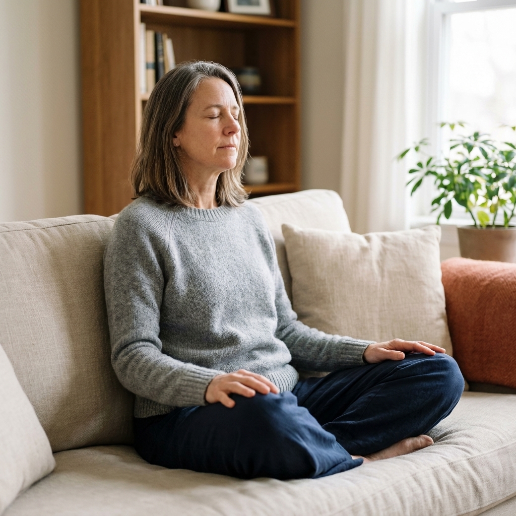 A person sitting comfortably on a sofa with eyes closed practicing slow deep breathing in a calm living room