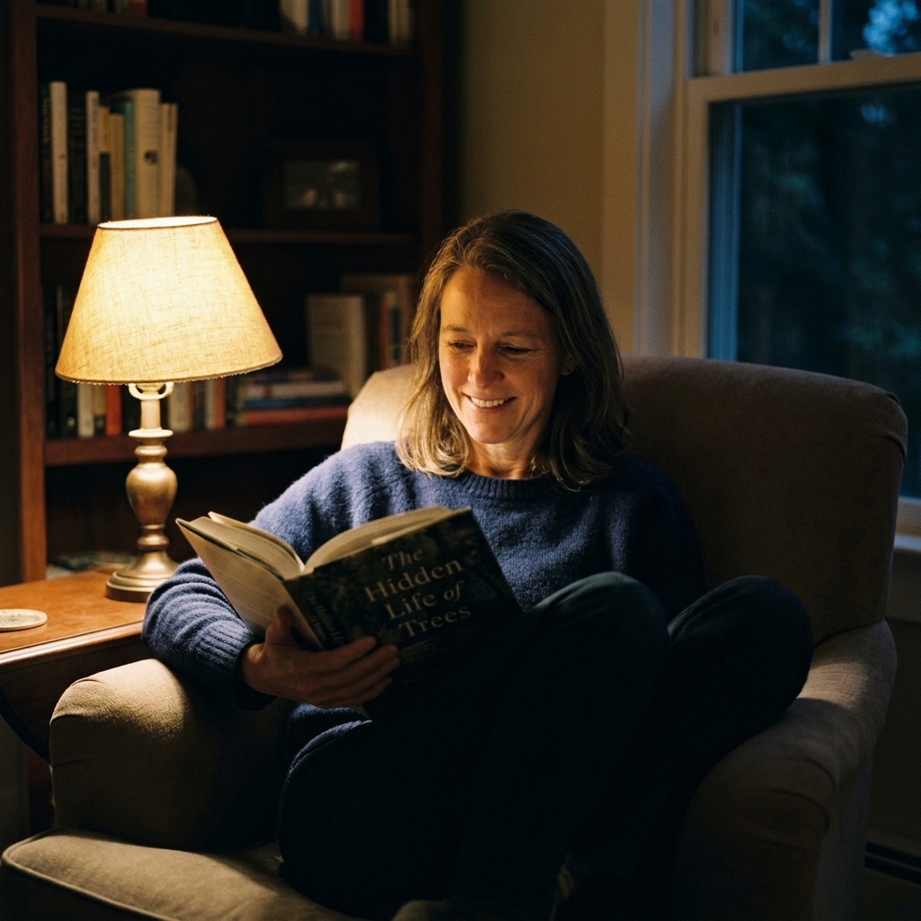 A person sitting in a cozy chair near a dim lamp in the evening, quietly reading a book to wind down before bed