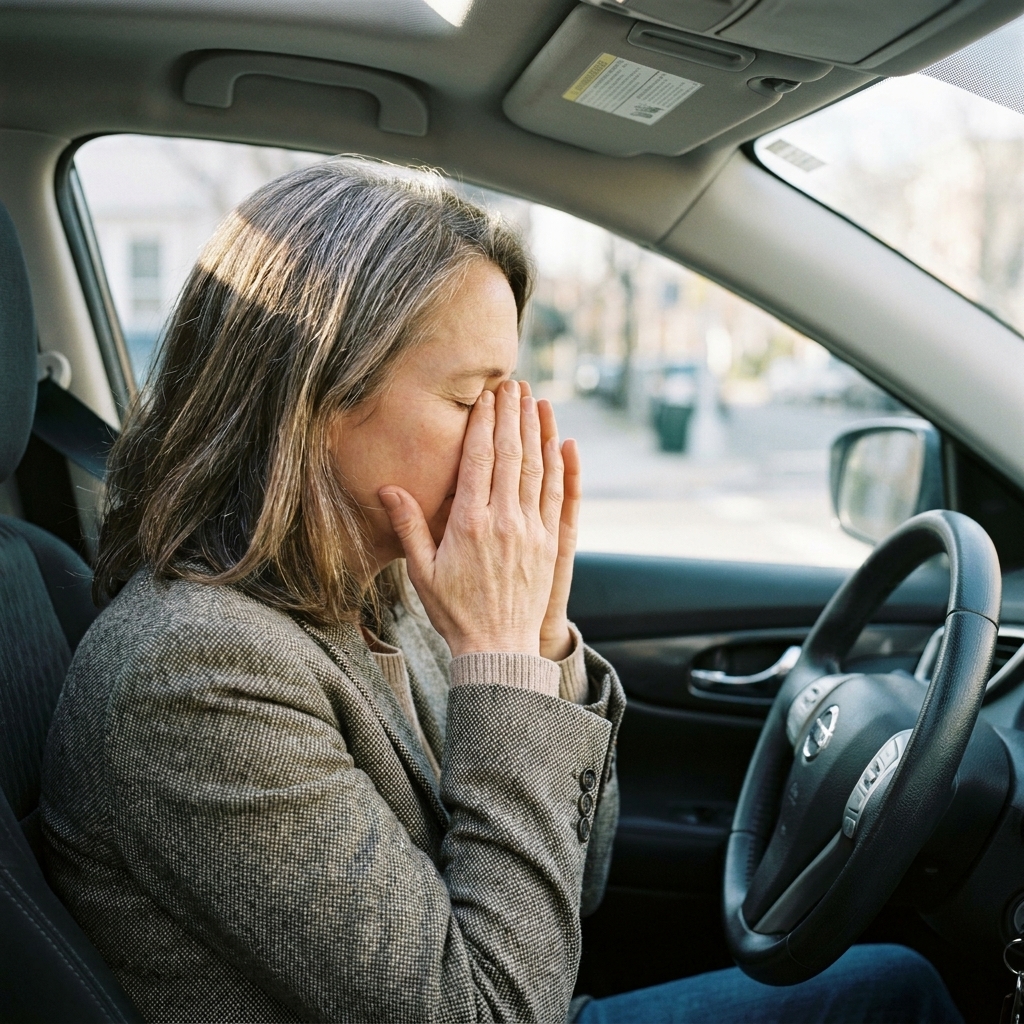 A person sitting in a parked car with both hands near their face, eyes closed, practicing slow breathing as if riding out a sudden wave of panic