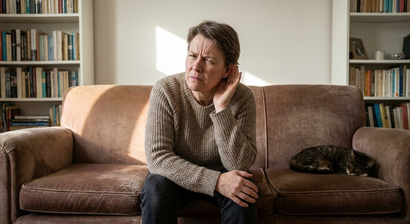 A person sitting on a couch in a quiet living room with a concerned expression, gently covering one ear as if noticing a ringing sound