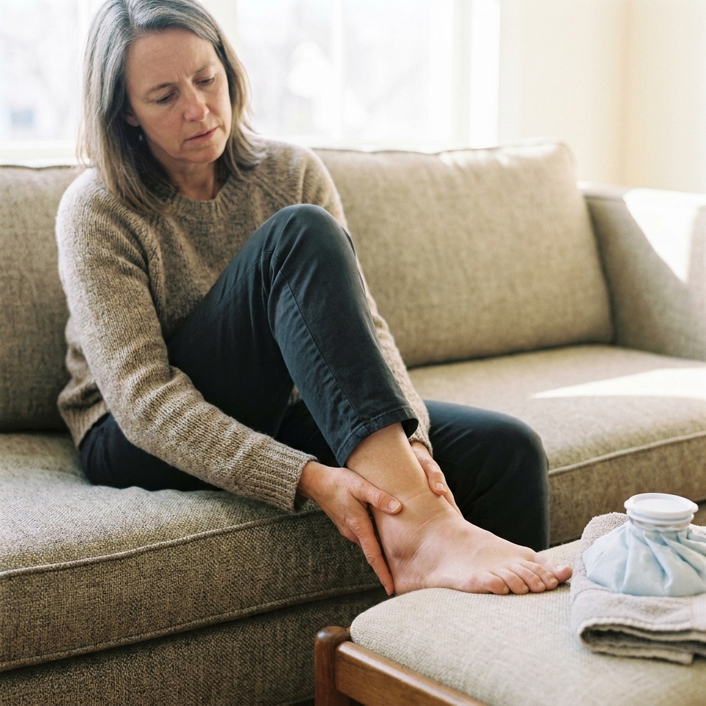 A person sitting on a couch with their sock off, gently holding a slightly swollen ankle while an ice pack rests nearby