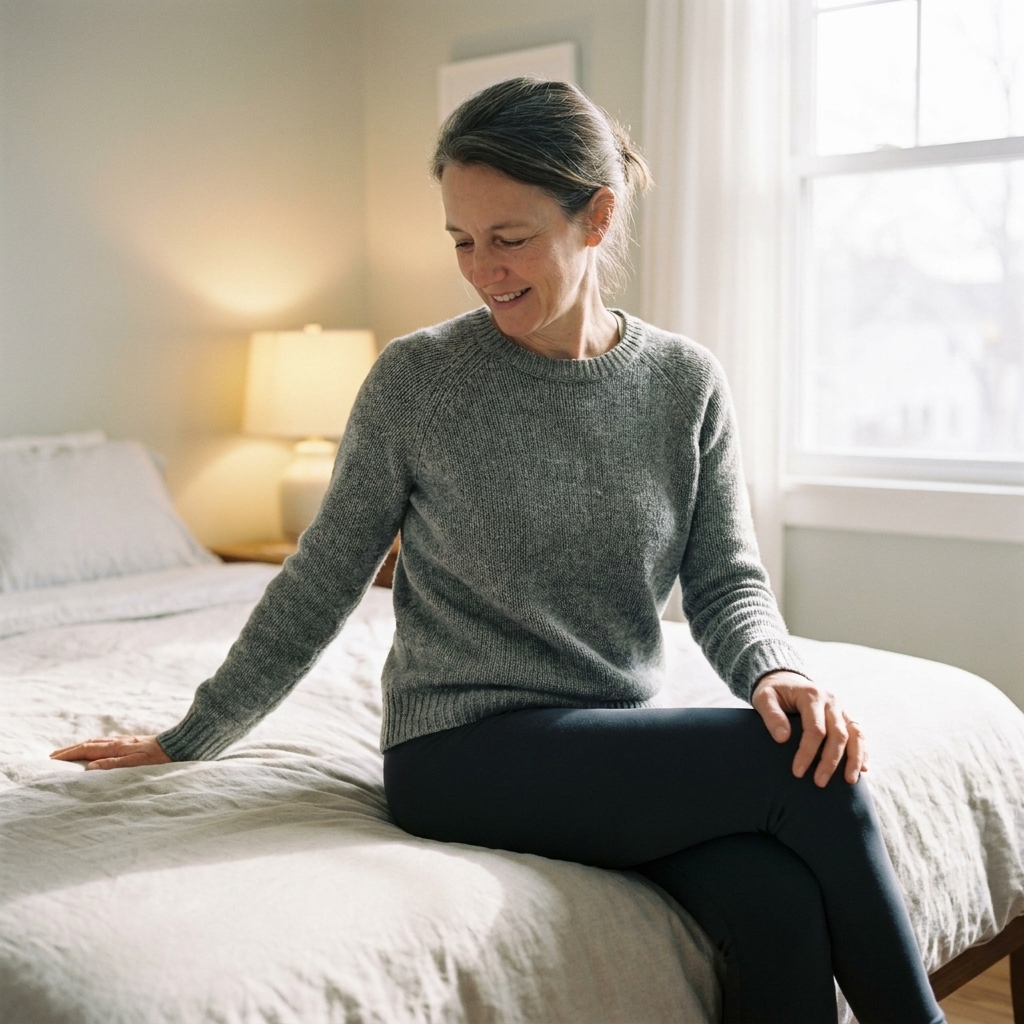 A person sitting on the edge of a bed doing a gentle seated lower back stretch in a softly lit bedroom