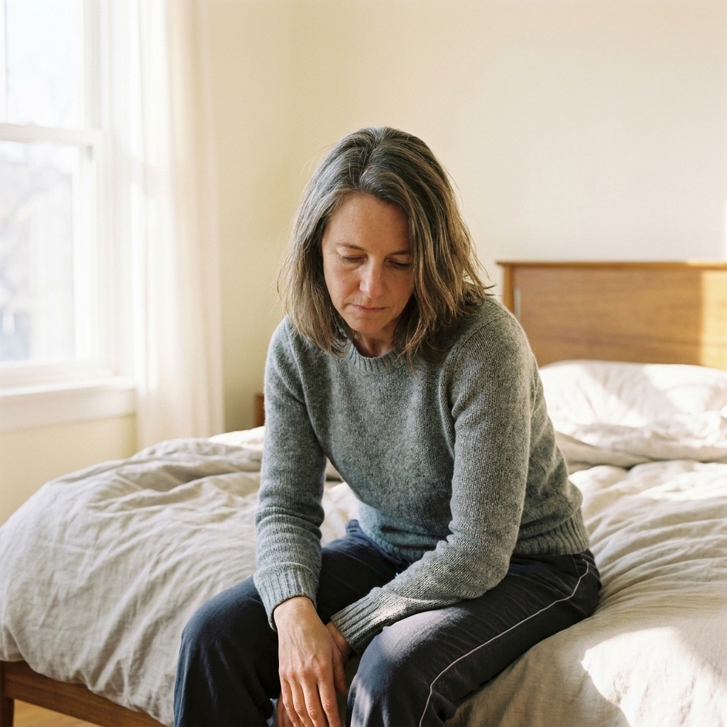 A person sitting on the edge of a bed in the morning with slumped shoulders and downcast gaze, conveying low mood and fatigue