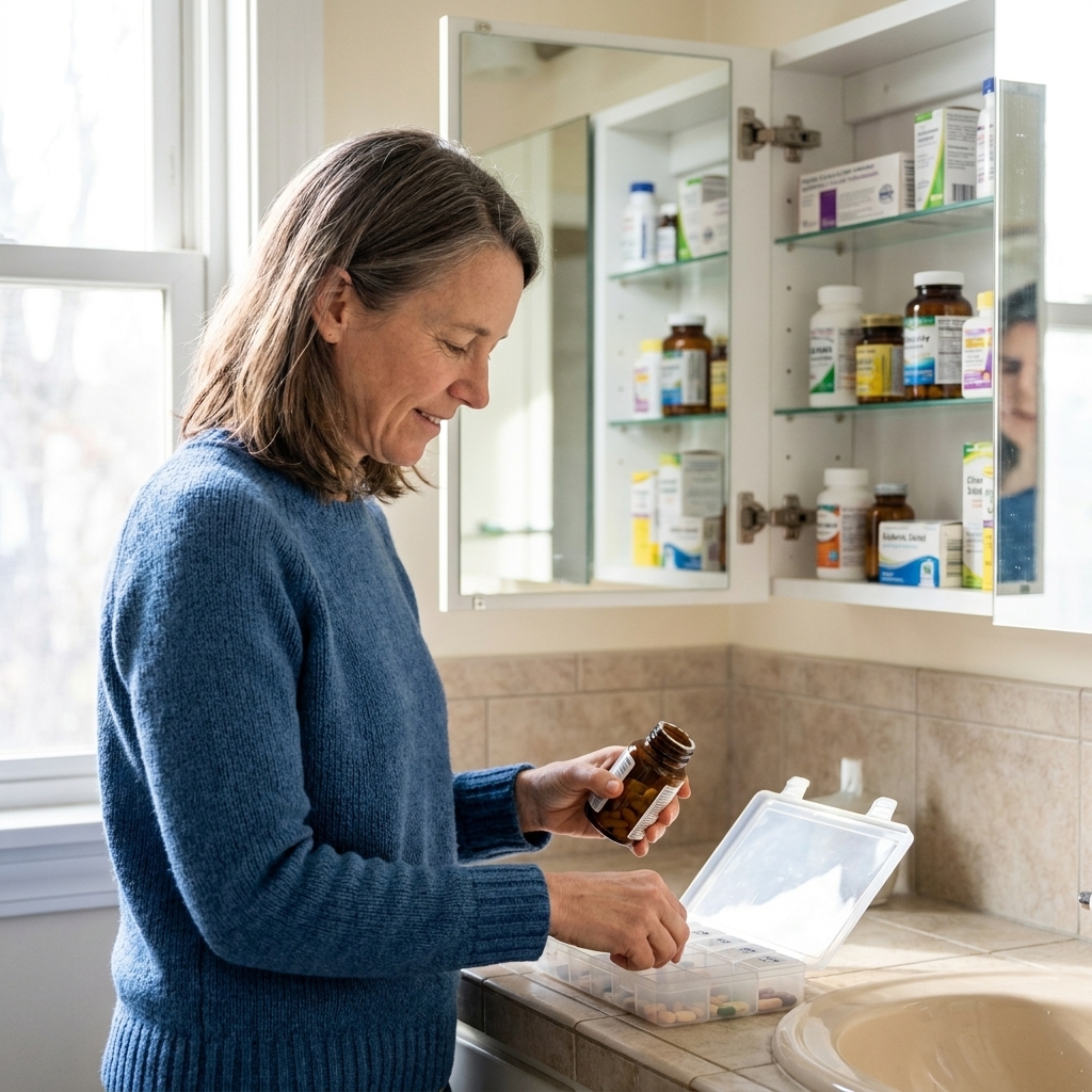 A person standing at a bathroom vanity with an open medicine cabinet, holding a small bottle of tablets while sorting medications into a small box in natural indoor lighting
