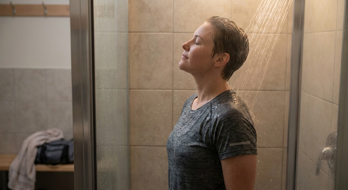 A person standing under a warm shower with water running over their shoulders, appearing relaxed after exercise