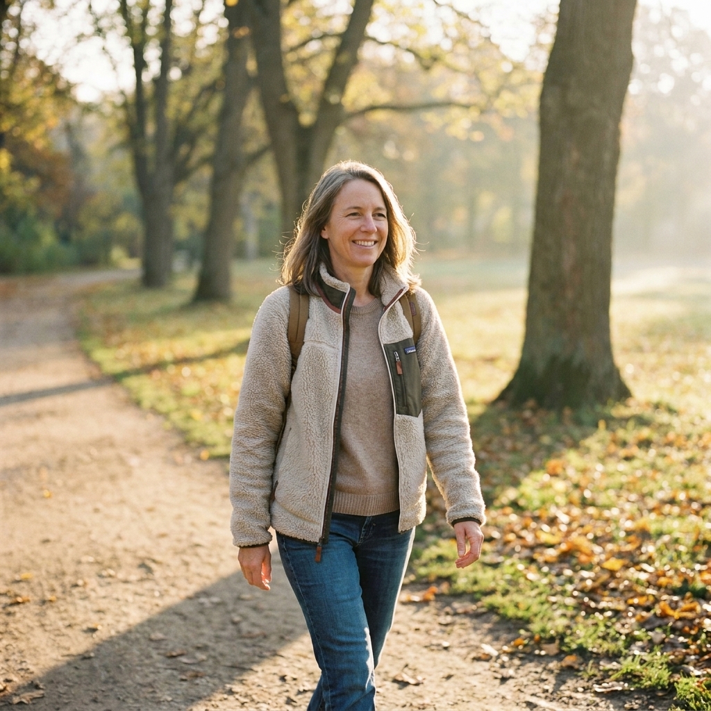 A person walking on a quiet park path in early morning sunlight with trees and soft shadows, peaceful mood