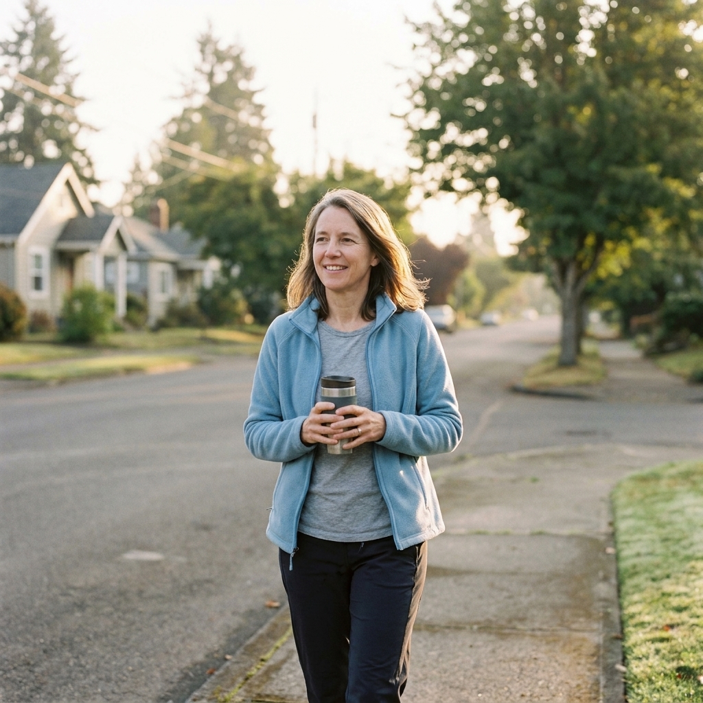 A person walking outside in gentle morning sunlight on a quiet residential street, supporting a consistent wake routine