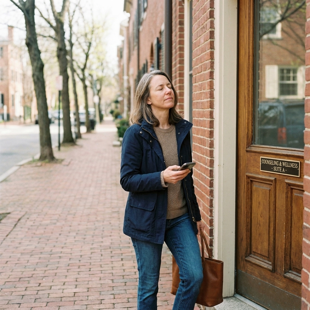 A person walking up a sidewalk toward a quiet counseling office entrance in daylight, holding a phone and taking a steady breath before going inside