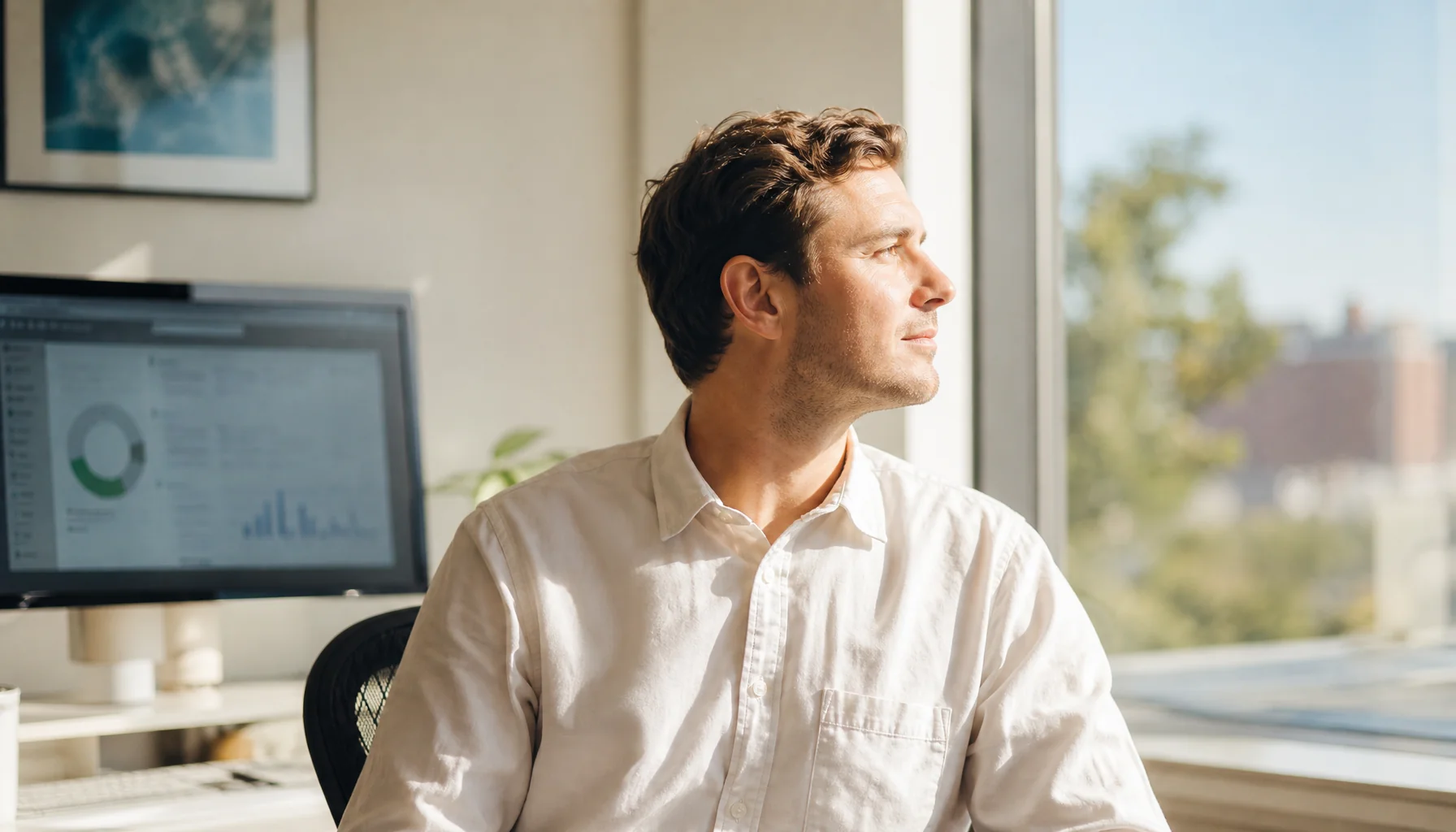A person working on a laptop at a desk, pausing with eyes gently closed as if doing slow blinking, in a bright home office