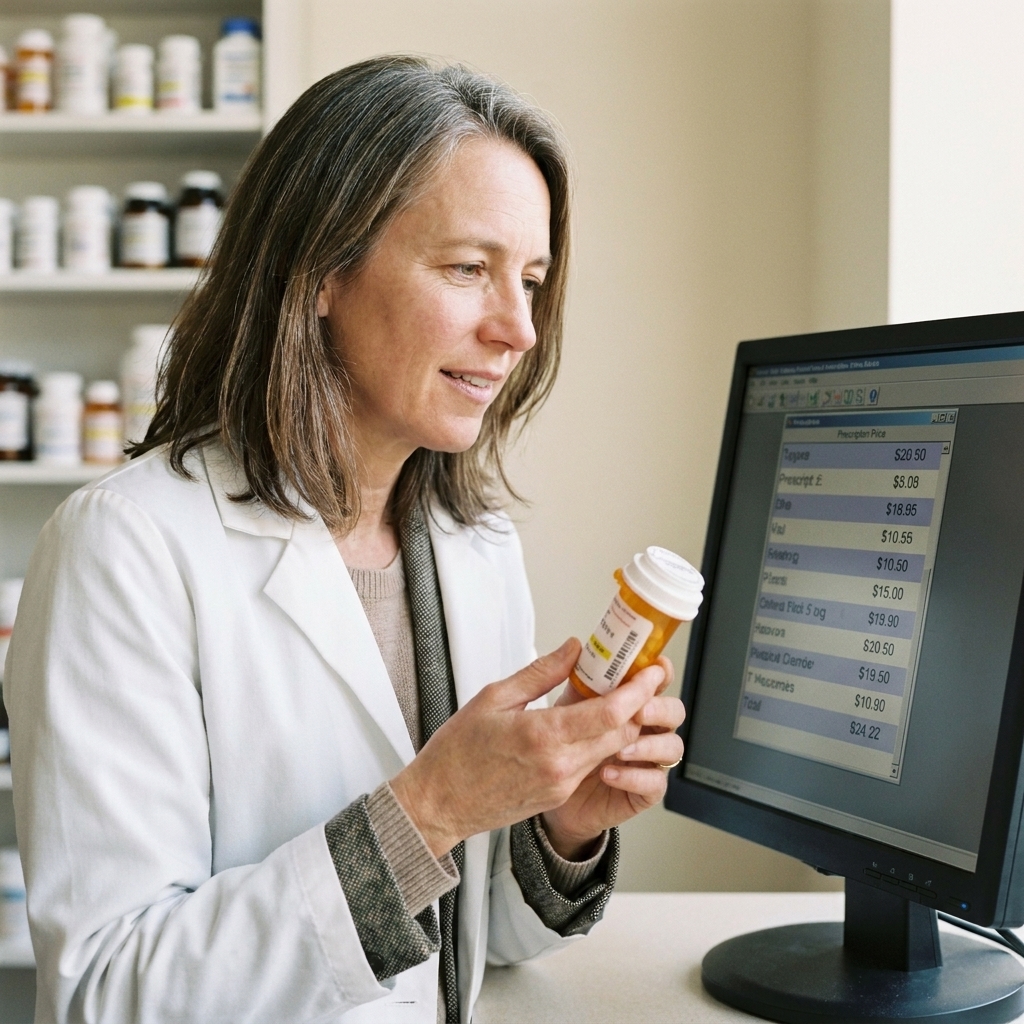A pharmacist in a white coat looking at a computer screen while holding a prescription bottle, as if checking different price options