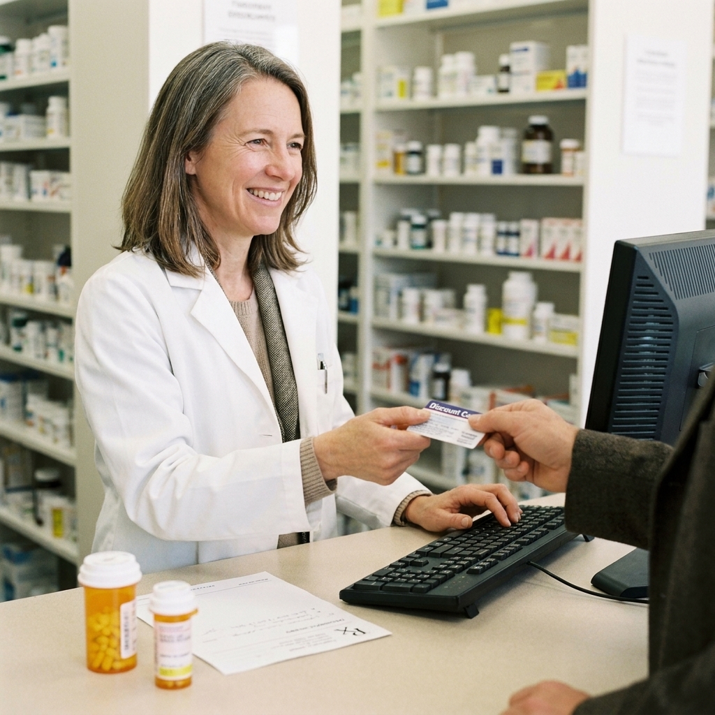A pharmacist processing a prescription while a customer presents a discount card at the counter