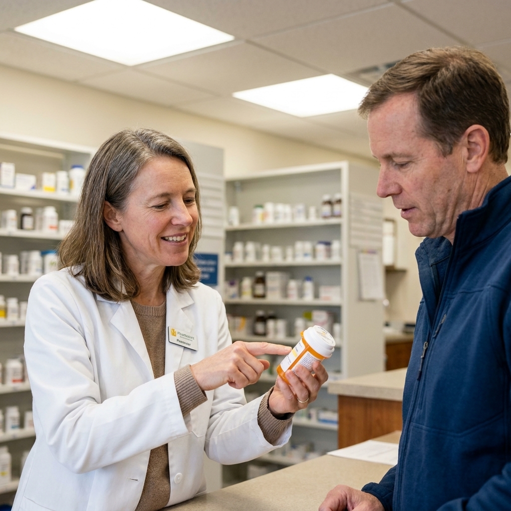 A pharmacist speaking with an adult patient at a pharmacy counter while pointing to instructions on a prescription bottle