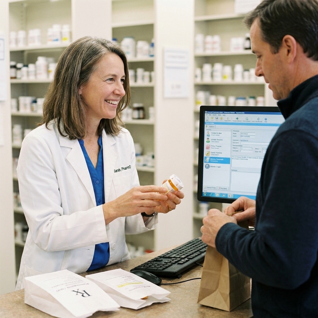 A pharmacist speaking with an adult patient at a pharmacy counter, with prescription bags and a computer workstation visible