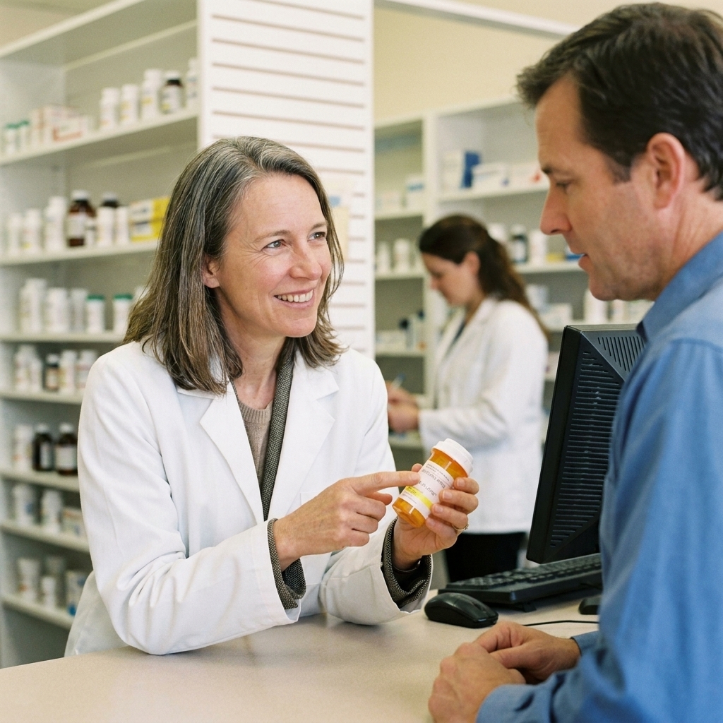A pharmacist speaking with an adult patient at a pharmacy counter while holding a prescription bottle, emphasizing medication counseling